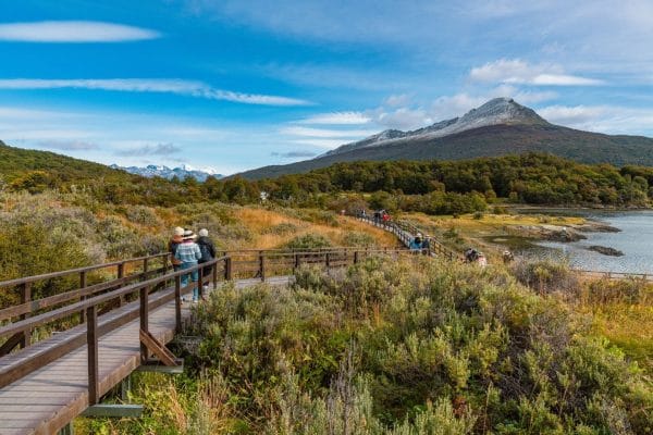 Turistas caminando por las pasarelas de madera en Bahía Lapataia, rodeados de vegetación autóctona y montañas nevadas en el Parque Nacional Tierra del Fuego, Ushuaia.