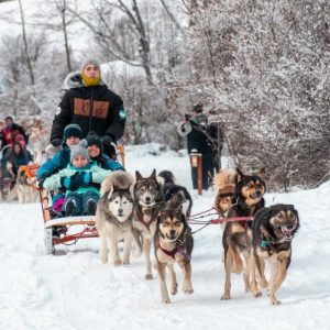 Un trineo de madera tirado por una jauría de seis perros husky avanza por un camino cubierto de nieve. Dos adultos y un niño están sentados en el trineo, vistiendo chaquetas de invierno de color azul turquesa. Al fondo hay un bosque nevado y otro trineo con más personas.