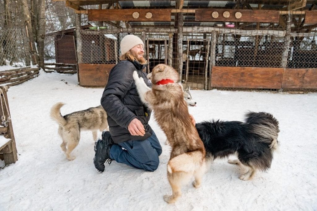 Instructor o cuidador interactuando cariñosamente con perros nórdicos frente a los caniles en Park Austral.