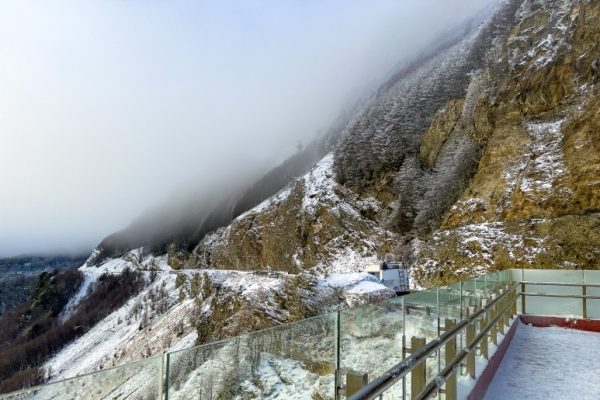 Vista invernal desde el Mirador Paso Garibaldi en Ushuaia, mostrando la Ruta Nacional 3 serpenteando por montañas nevadas y bosques helados bajo un cielo cubierto de niebla densa.