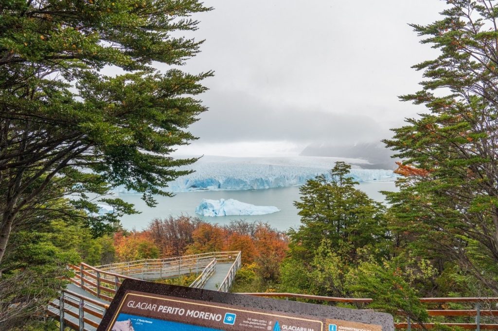 Cartel de señalización del Glaciar Perito Moreno en primer plano con una vista panorámica del frente de hielo al fondo entre los árboles.